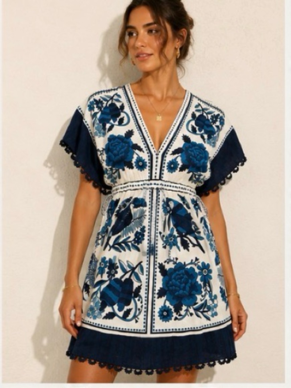 Farm Rio tropical blue white bird floral block print mini dress tassels Resort M - Picture 1 of 9